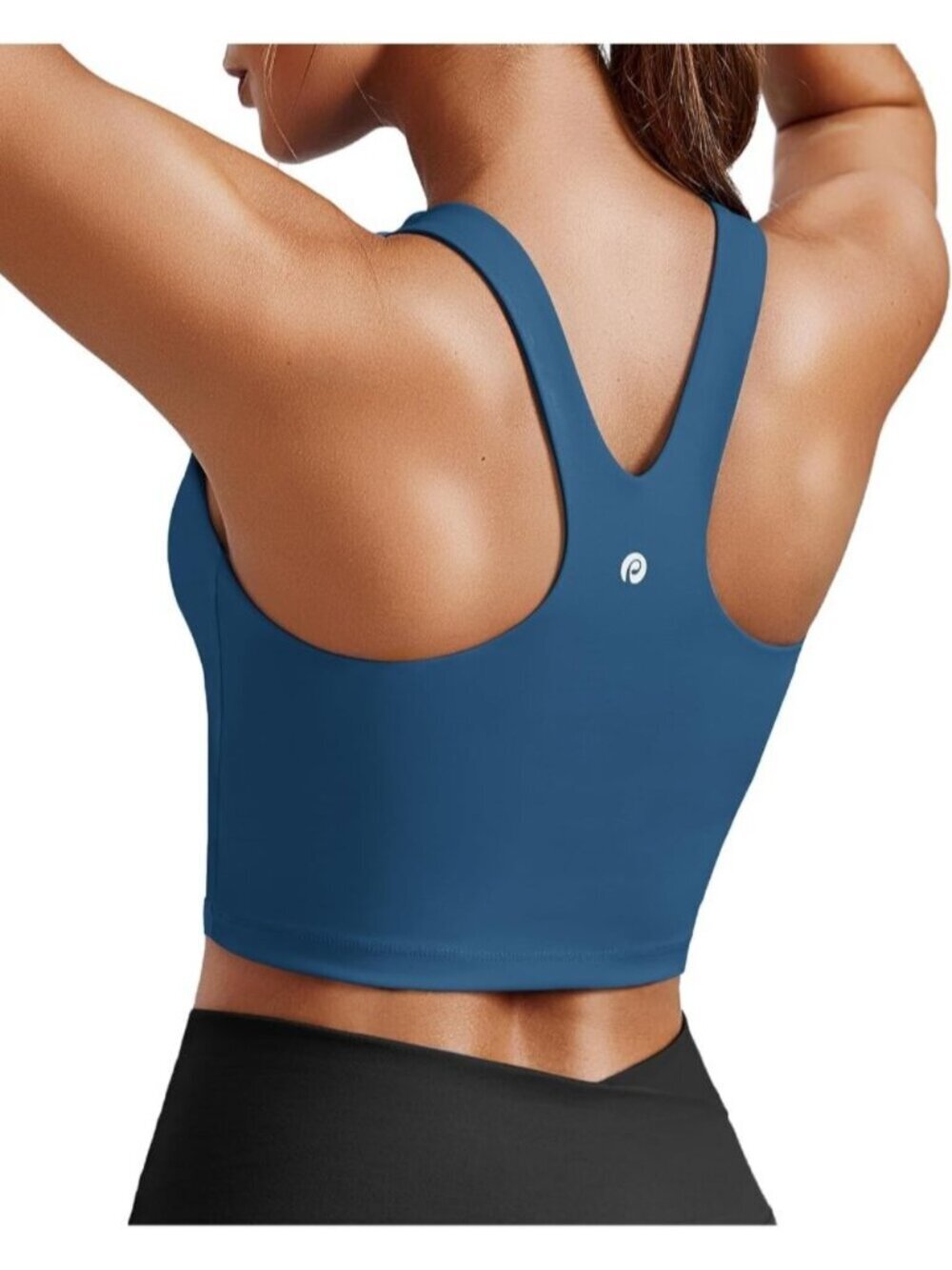 Women's Navy Sports Bra High Neck Racer Back Workout Longline Crop Tank Top